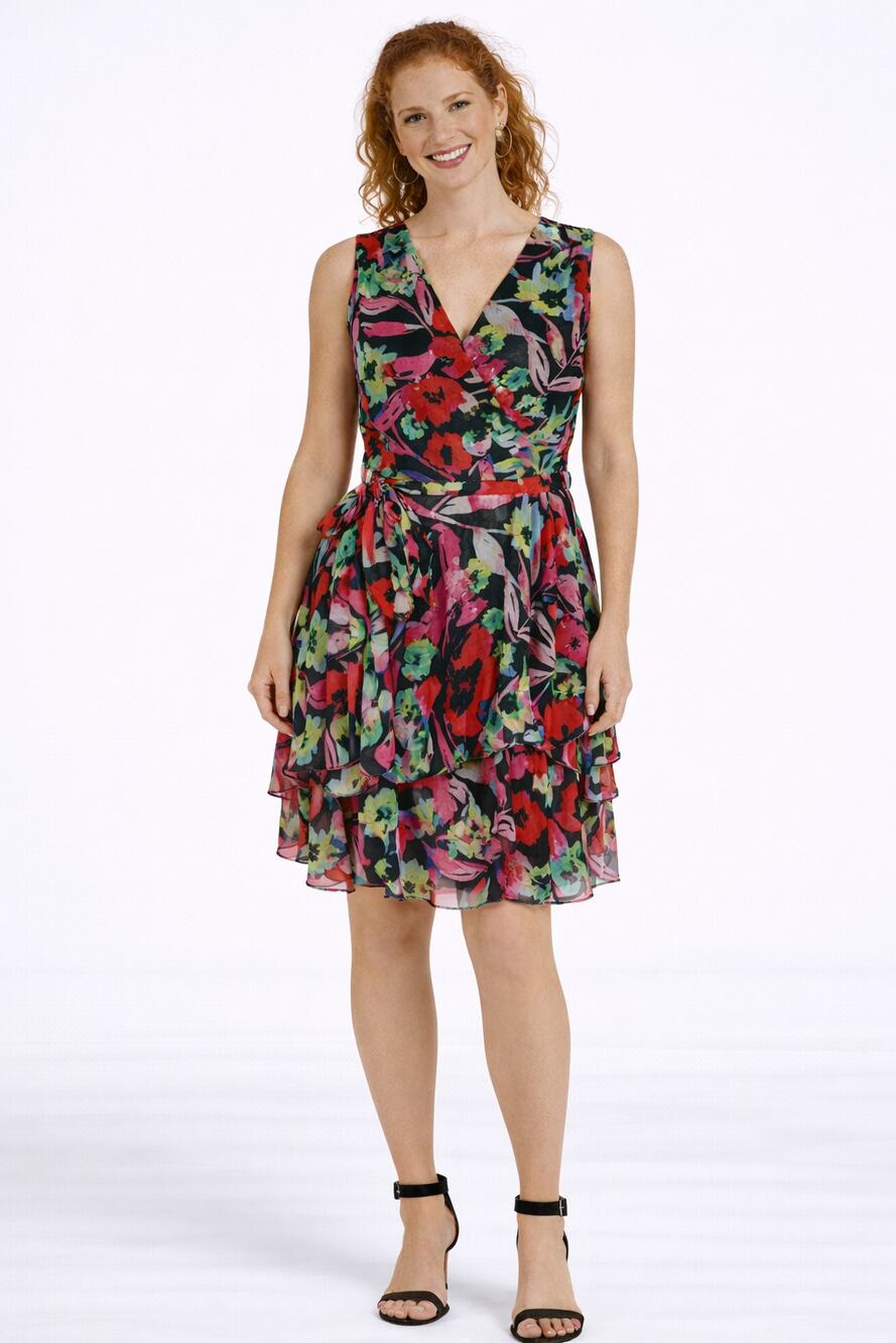 Tahari Arthur S. Levine Womens Dress Tie-Waist Vibrant Floral Size 4 V Neck